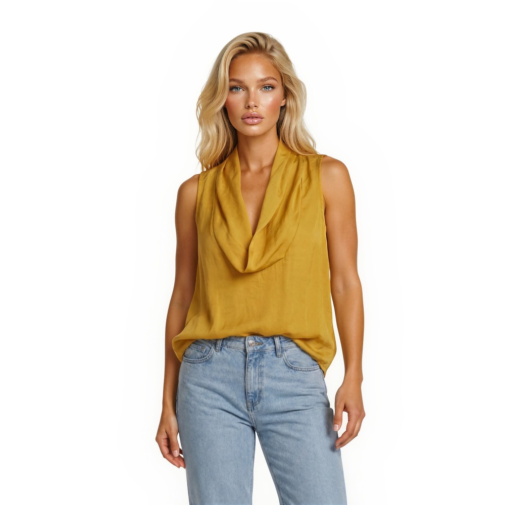 Michael Kors Blouse Top Women's Size Medium Yellow Drape Cowl Neck Sleeveless‎